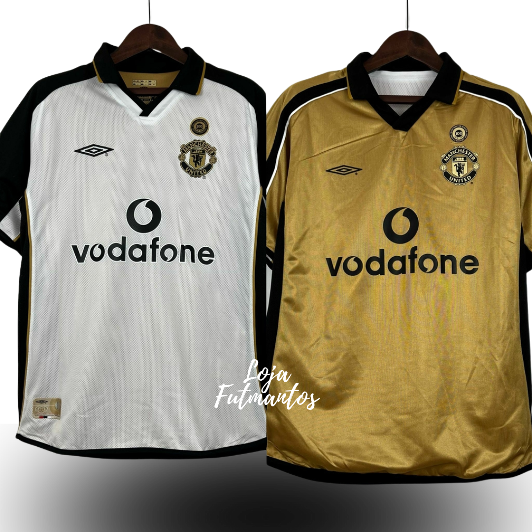 Camisa Manchester United 01/02 Modelo Retrô 100 Anos Masculina- Braca e preta, Dourada e Preta Dupla Face | Futmantos