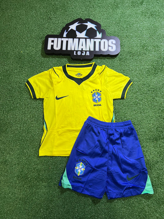 kit Infantil Brasil 26/27 - Amarelo - Gola escura |  FutMantos