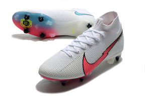 Chuteira Campo Nike Mercurial Superfly 7 Elite SG-PRO Anti Clog Branco/Rosa/Azul - Cano Alto